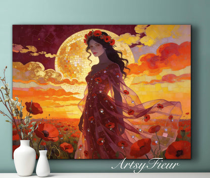 Framed Canvas - Vibrant Poppies Whimsical Full Moon Beautiful Brunette Woman in the Poppy Field, Wall Art Ready to hang Oil Painting Original Artwork Print