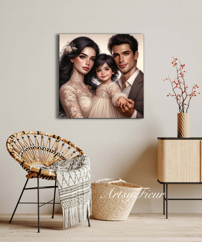Framed canvas- ready to hang wall art print, colourful drawing abstract family portrait mother and daughter colourful drawing