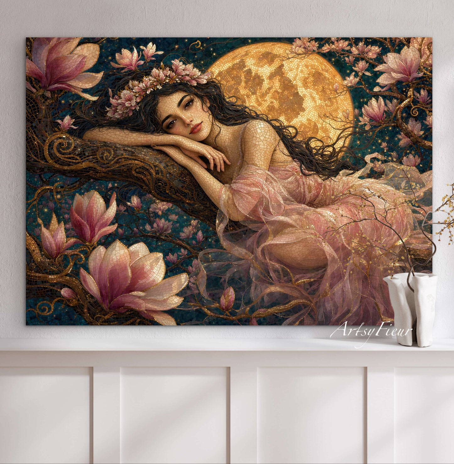 Framed Canvas- Vibrant Magnolia Flowers Beautiful Tinkerbell Woman’s Abstract Portrait Mosaic Original Artwork Fantasy Wall Art Print