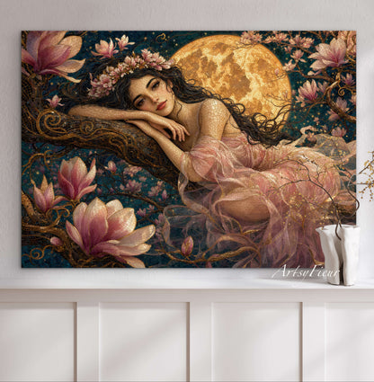 Framed Canvas- Vibrant Magnolia Flowers Beautiful Tinkerbell Woman’s Abstract Portrait Mosaic Original Artwork Fantasy Wall Art Print