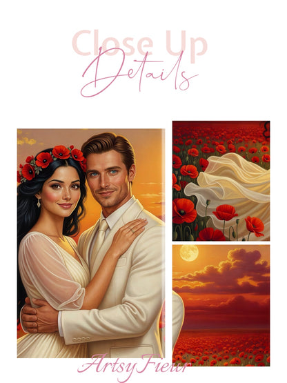 Framed canvas- whimsical full moon sunset bride and groom, wedding, poppy field, vibrant colours living room original artwork, fantasy oil painting wall art print