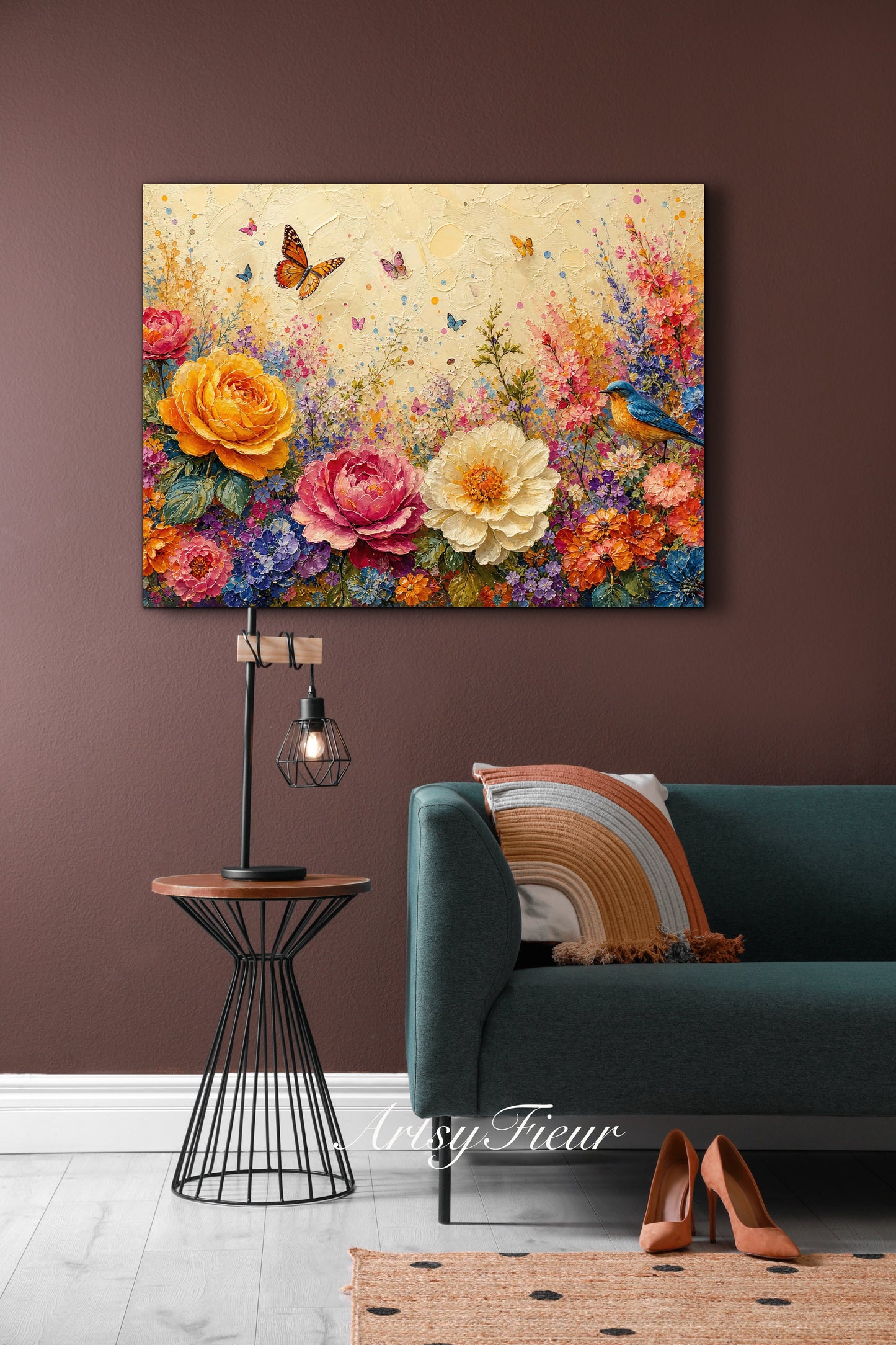 Framed Canvas Print- Vibrant Wildflowers and Petunias Oil Painting Textured Wall Art , Beautiful Original Artwork Ready to Hang Living Room, Floral