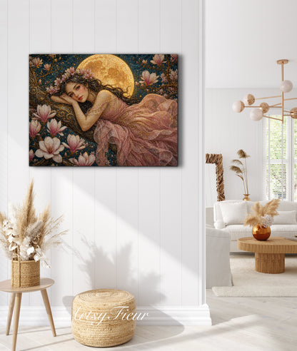 Framed Canvas- Vibrant Magnolia Flowers Beautiful Brunette Woman’s Portrait Mosaic Original Artwork Fantasy Wall Art Whimsical Full Moon