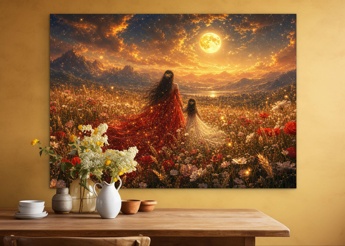 Framed Canvas- Vibrant Mother and Daughter Portrait Wildflowers Field Whimsical Landscape, Beautiful Gold Full Moon, Fantasy Floral Print