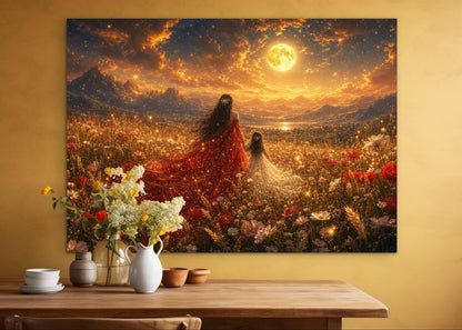 Framed Canvas- Vibrant Mother and Daughter Portrait Wildflowers Field Whimsical Landscape, Beautiful Gold Full Moon, Fantasy Floral Print