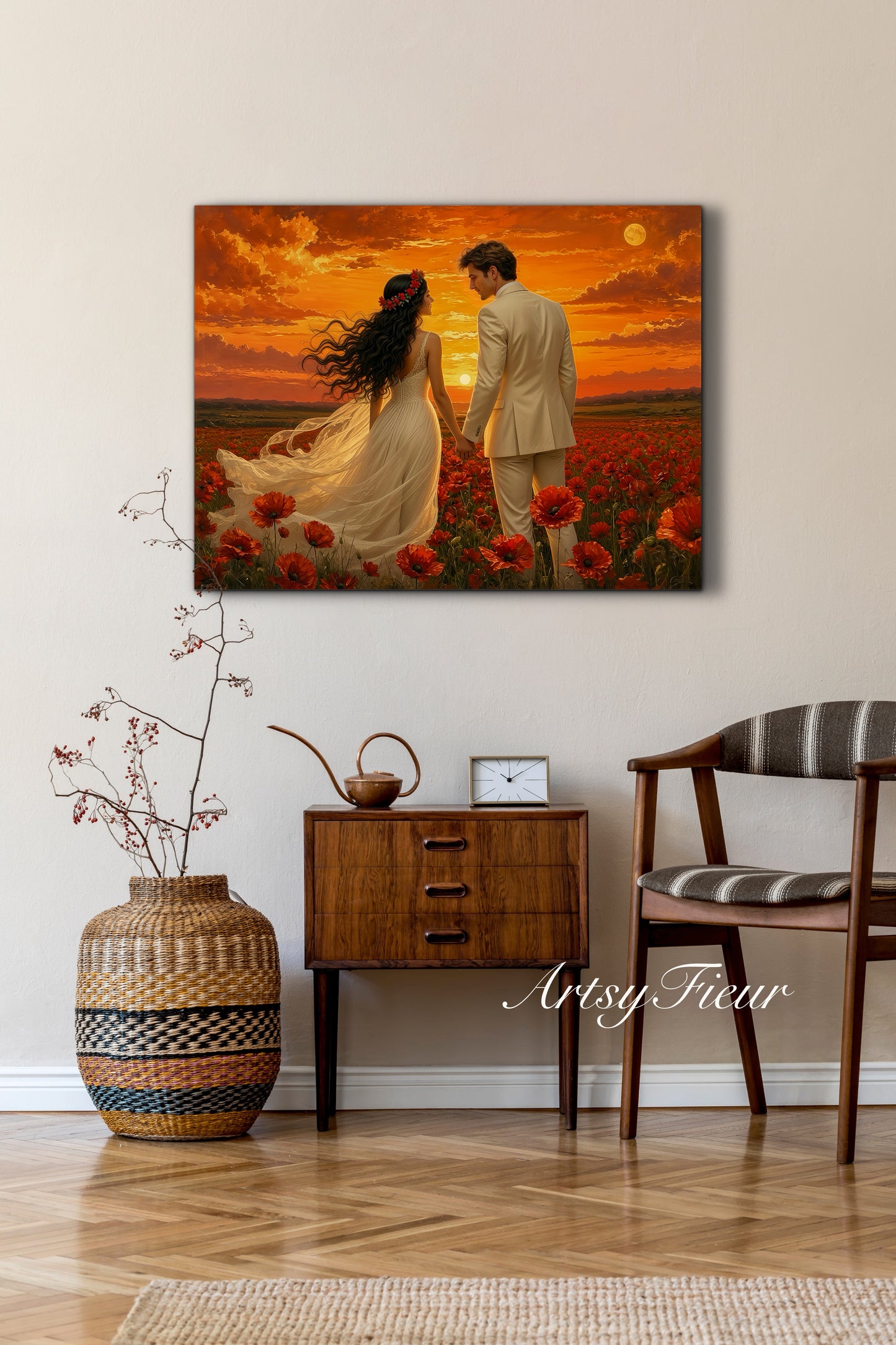 Framed canvas- whimsical full moon sunset bride and groom, wedding, poppy field, vibrant colours living room original artwork, fantasy oil painting wall art print