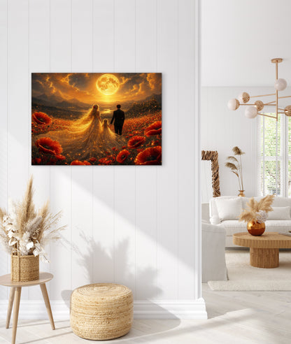 Framed Canvas Vibrant Poppies- Whimsical full moon fantasy oil painting Wedding celebration mother and daughter beautiful family portrait Original wall art print