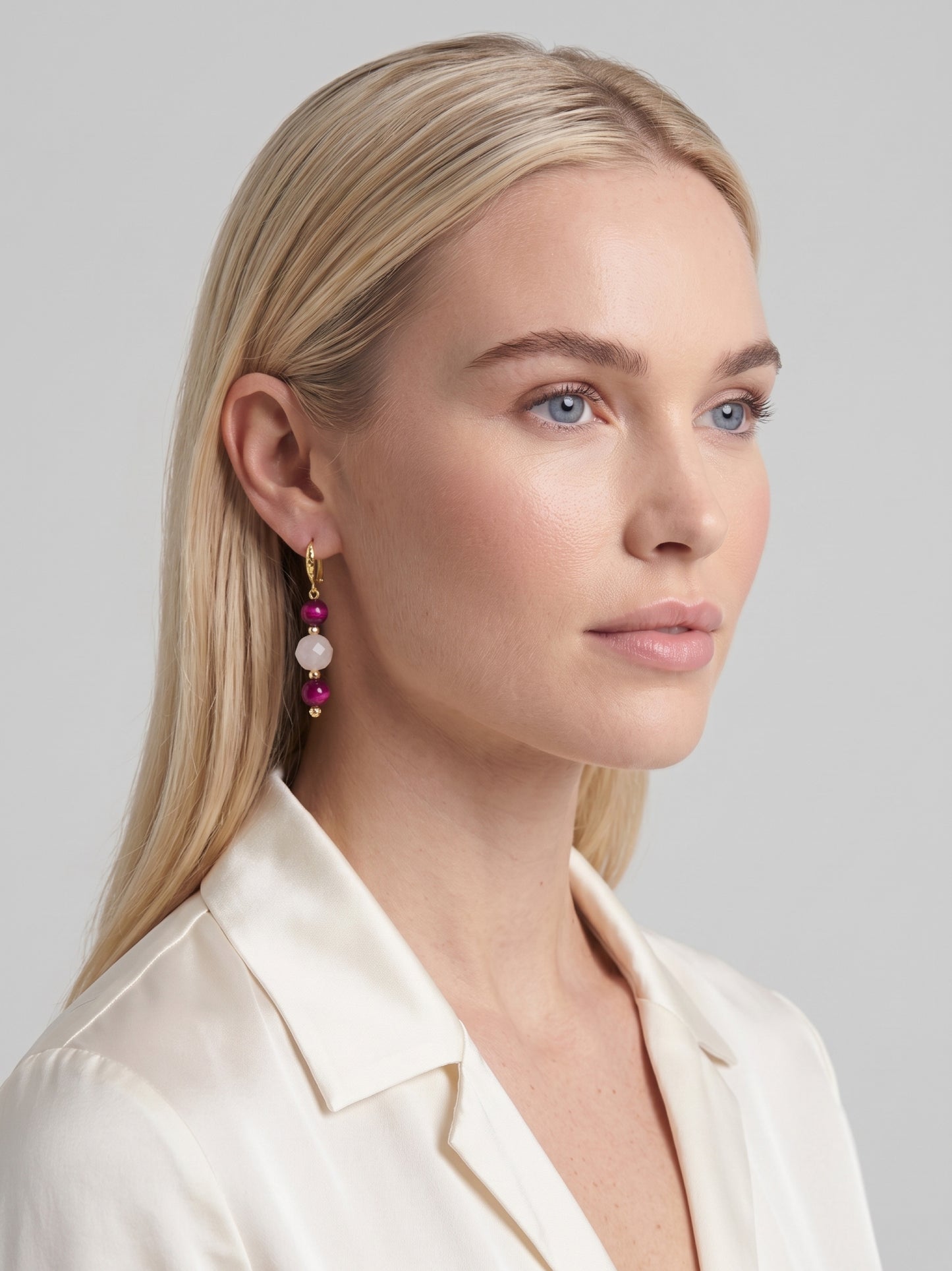 Handmade Rose Quartz Earrings Pink Tigers Eye Gemstone Long Drop Dangle Earrings Hypoallergenic