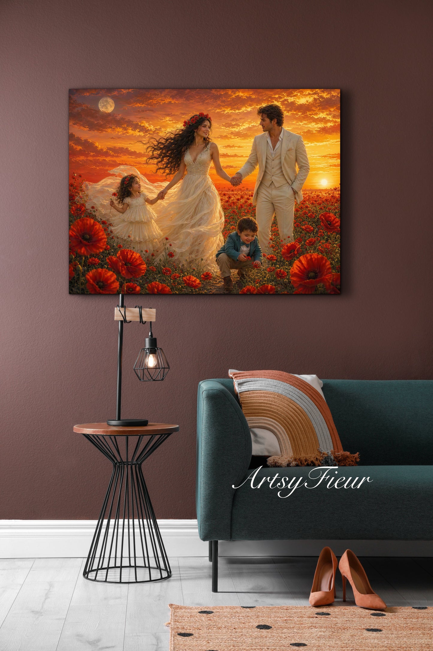 Framed Canvas- Vibrant Poppies Field Bride Groom Mother Daughter and Baby boy Portrait Whimsical Full Moon Sunset Fantasy Oil Painting Wall Art Print