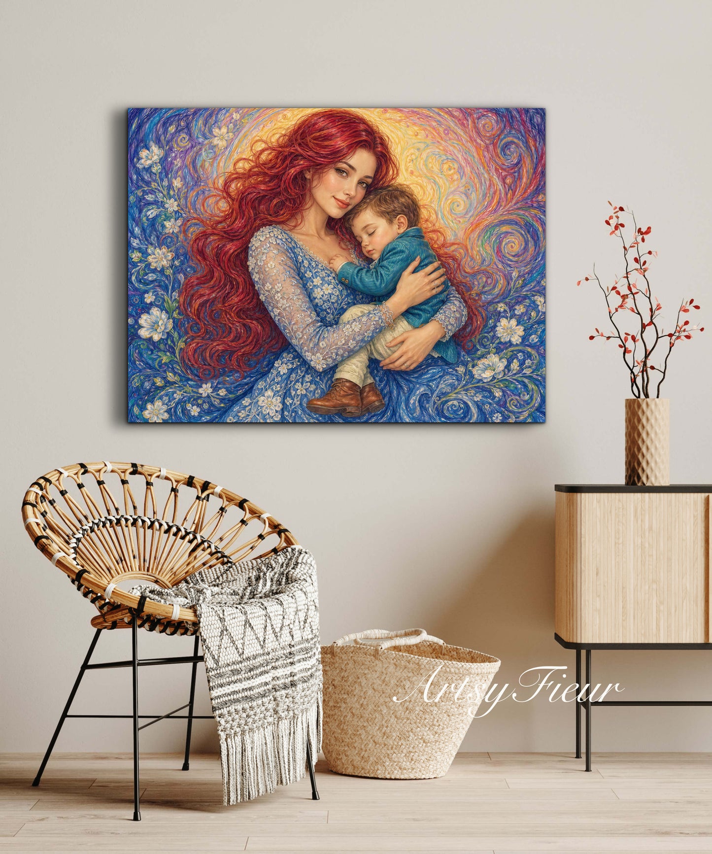Framed canvas- ready to hang wall art print, vibrant colours crayon drawing abstract portrait mother and son, mother and baby boy, dark hair beautiful red hair woman , mothers day gilt, unique original artwork