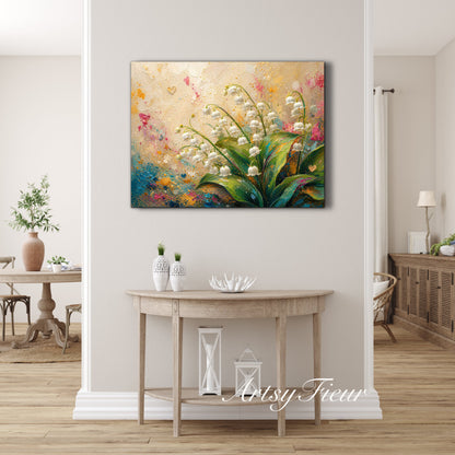Framed Canvas Print- Vibrant Wildflowers and lily of the valley Oil Painting Textured Wall Art , Beautiful Original Artwork Ready to Hang Living Room, Floral