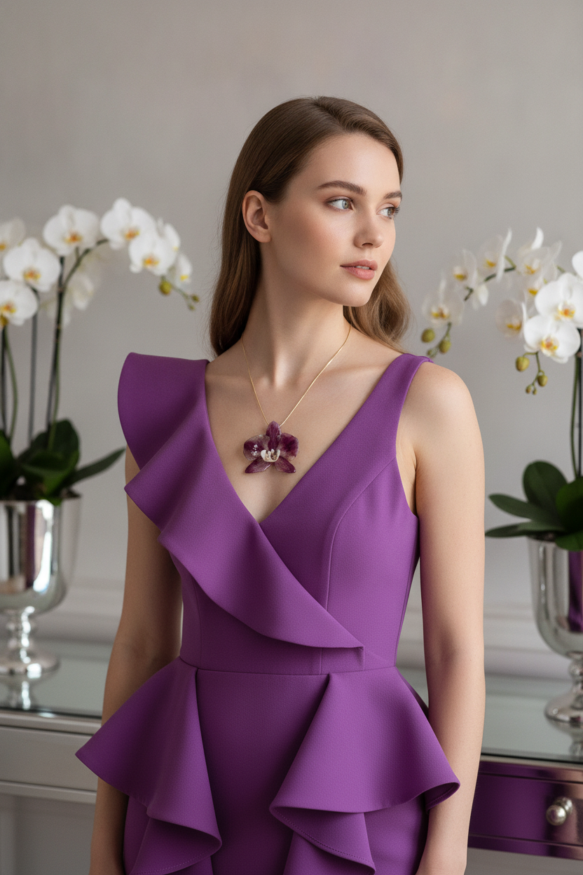 *REAL FLOWER Large Dark Purple Orchid Necklace Preserved Flower in Resin Pendant Orchid on Chain Botanical Floral Necklace