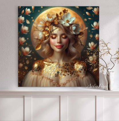 Framed canvas- beautiful blonde woman vibrant magnolia flowers ready to hang wall art print, abstract portrait colourful