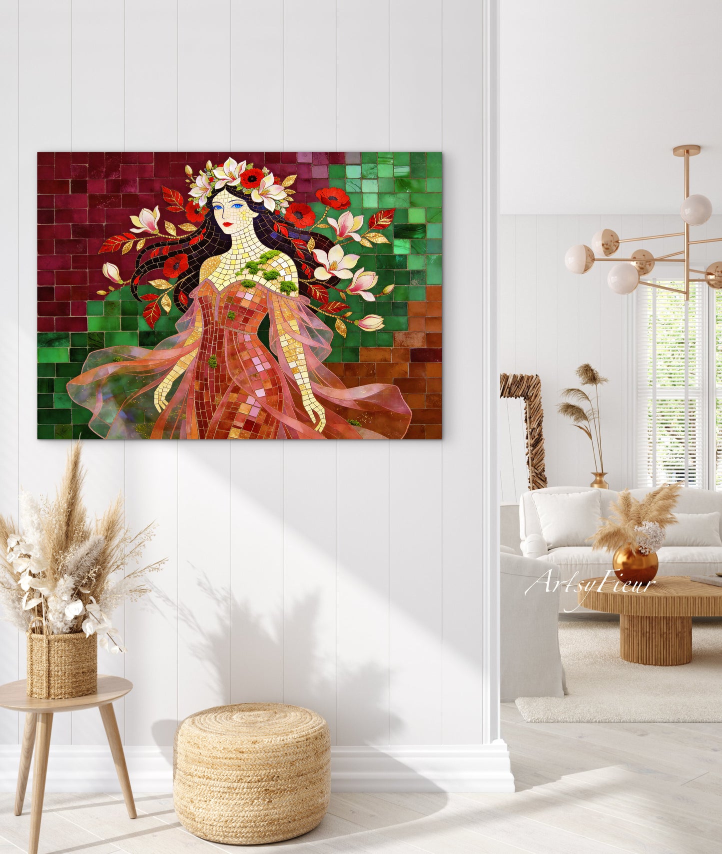 Framed Canvas- Vibrant Magnolia Flowers Beautiful Brunette Woman’s Abstract Portrait Mosaic Original Artwork Fantasy Wall Art Print Mother Nature
