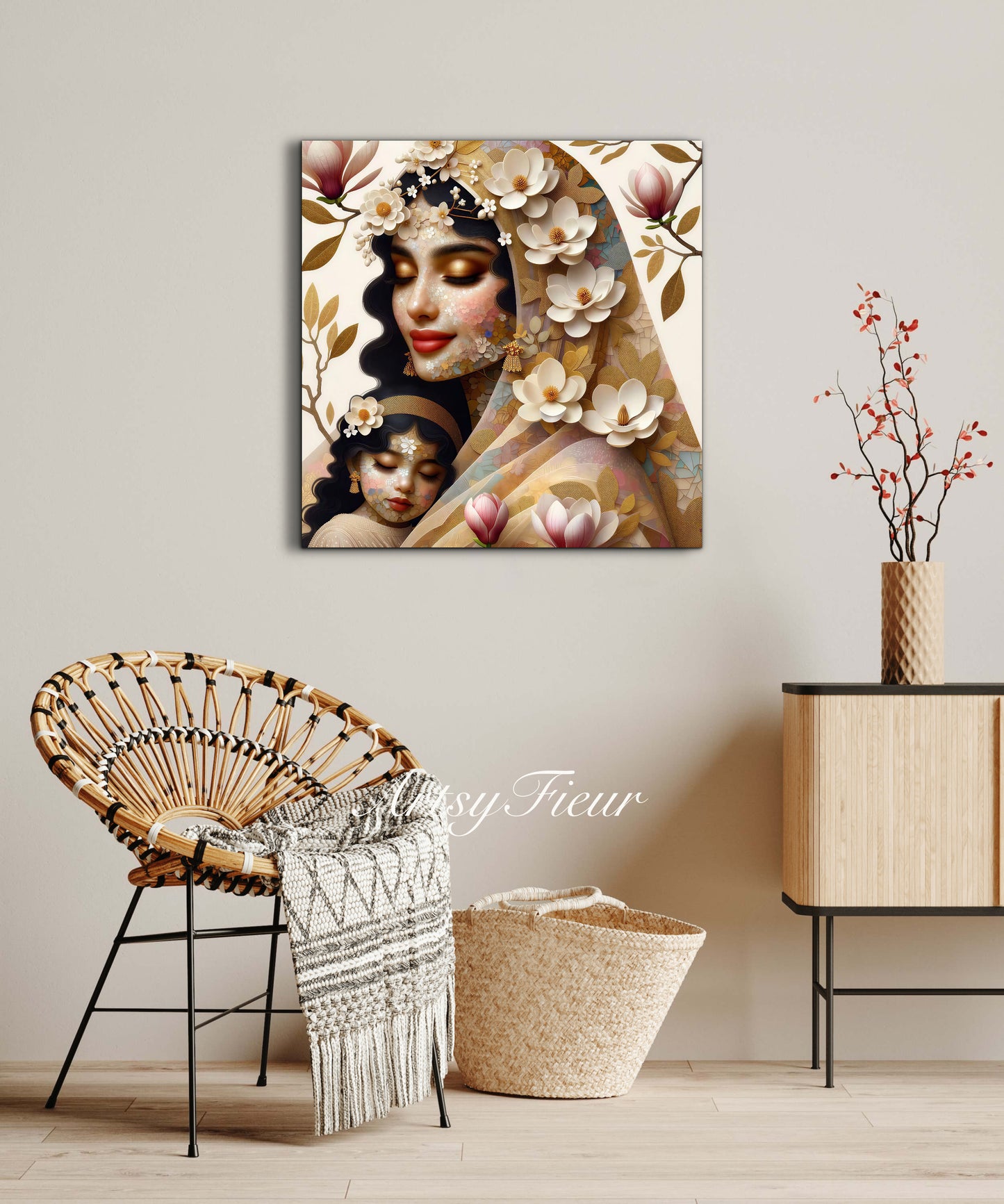 Framed canvas- ready to hang wall art print, abstract mother and daughter portrait Mosaic Magnolia Flowers Indian Beautiful Woman