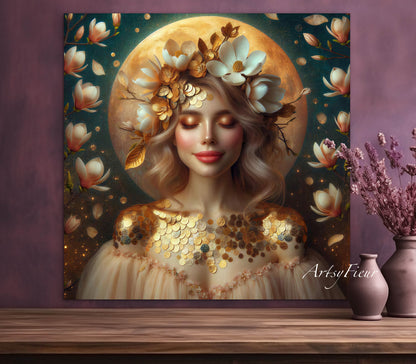 Framed canvas- beautiful blonde woman vibrant magnolia flowers ready to hang wall art print, abstract portrait colourful