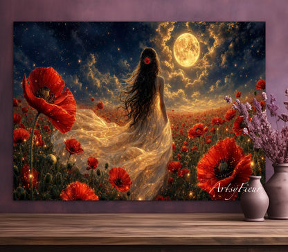Framed Canvas - Vibrant Poppies Whimsical Full Moon Bride in Poppy Field, Wall Art Ready to hang Oil Painting Original Artwork Print