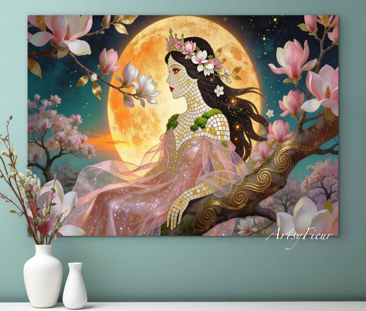 Framed Canvas- Vibrant Magnolia Flowers Beautiful Brunette Woman’s Abstract Portrait Mosaic Original Artwork Fantasy Wall Art Print Mother Nature