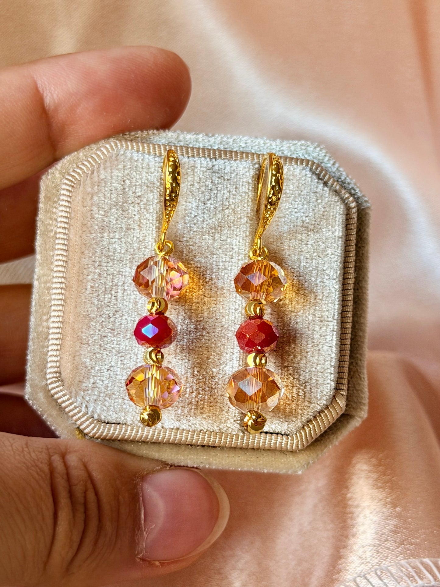 Handmade Long Drop Earrings Champagne Red Crystal Hypoallergenic Vibrant colours