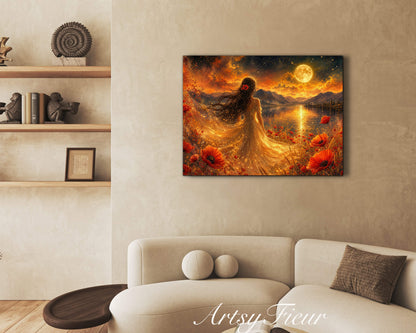 Framed Canvas - Vibrant poppies and wildflowers Whimsical Full Moon starry night sky Bride -Lady by the lake Wall Art Ready to hang original Artwork Print