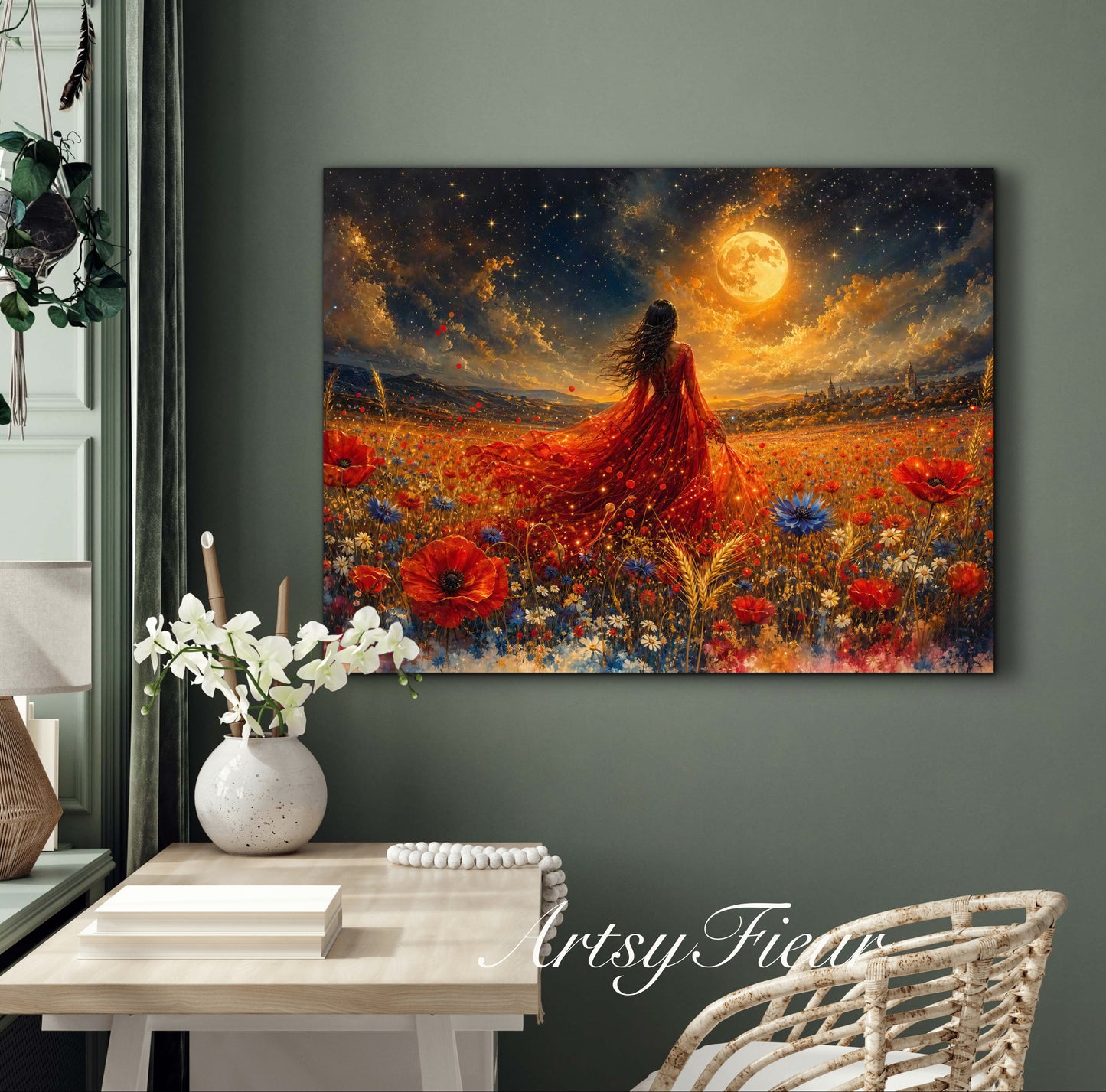 Framed Canvas - Vibrant poppies and wildflowers Whimsical Full Moon starry night sky Bride in Poppy Field, Wall Art Ready to hang original Artwork Print Red Dress