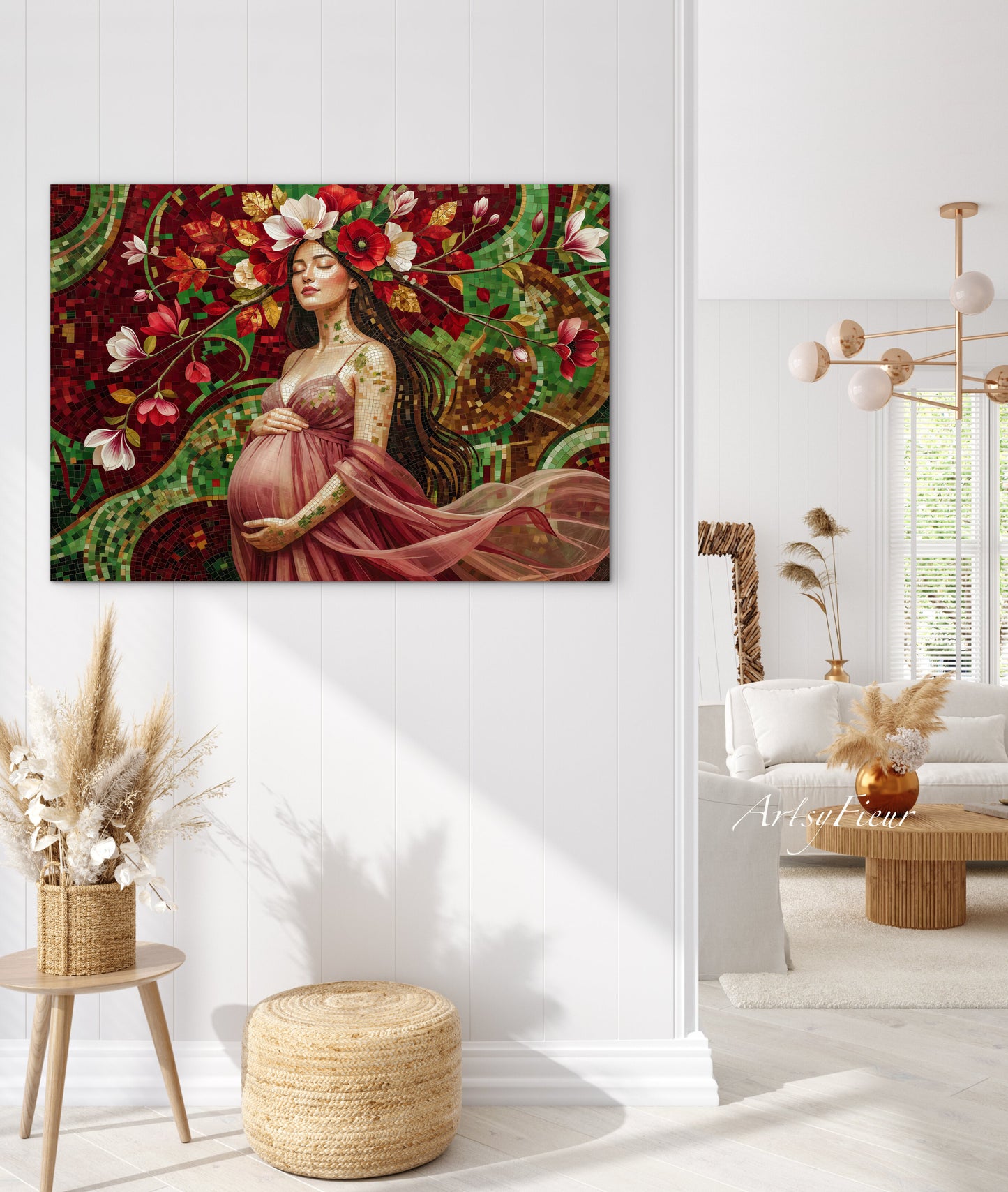 Framed Canvas- Vibrant Magnolia Flowers Beautiful Brunette Pregnant Woman’s Abstract Portrait Mosaic Original Artwork Fantasy Wall Art Print Mother Nature