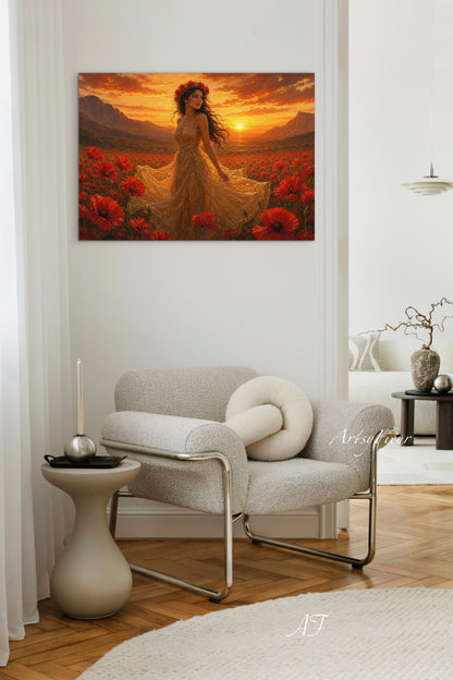 Framed Canvas - Vibrant Poppies Whimsical Full Moon Bride in Poppy Field, Wall Art Ready to hang Oil Painting Original Artwork Print