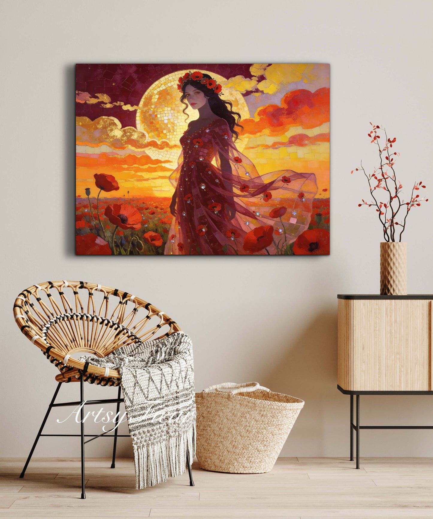Framed Canvas - Vibrant Poppies Whimsical Full Moon Beautiful Brunette Woman in the Poppy Field, Wall Art Ready to hang Oil Painting Original Artwork Print