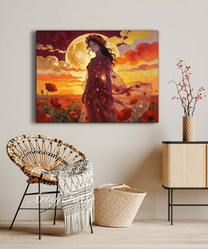 Framed Canvas - Vibrant Poppies Whimsical Full Moon Beautiful Brunette Woman in the Poppy Field, Wall Art Ready to hang Oil Painting Original Artwork Print
