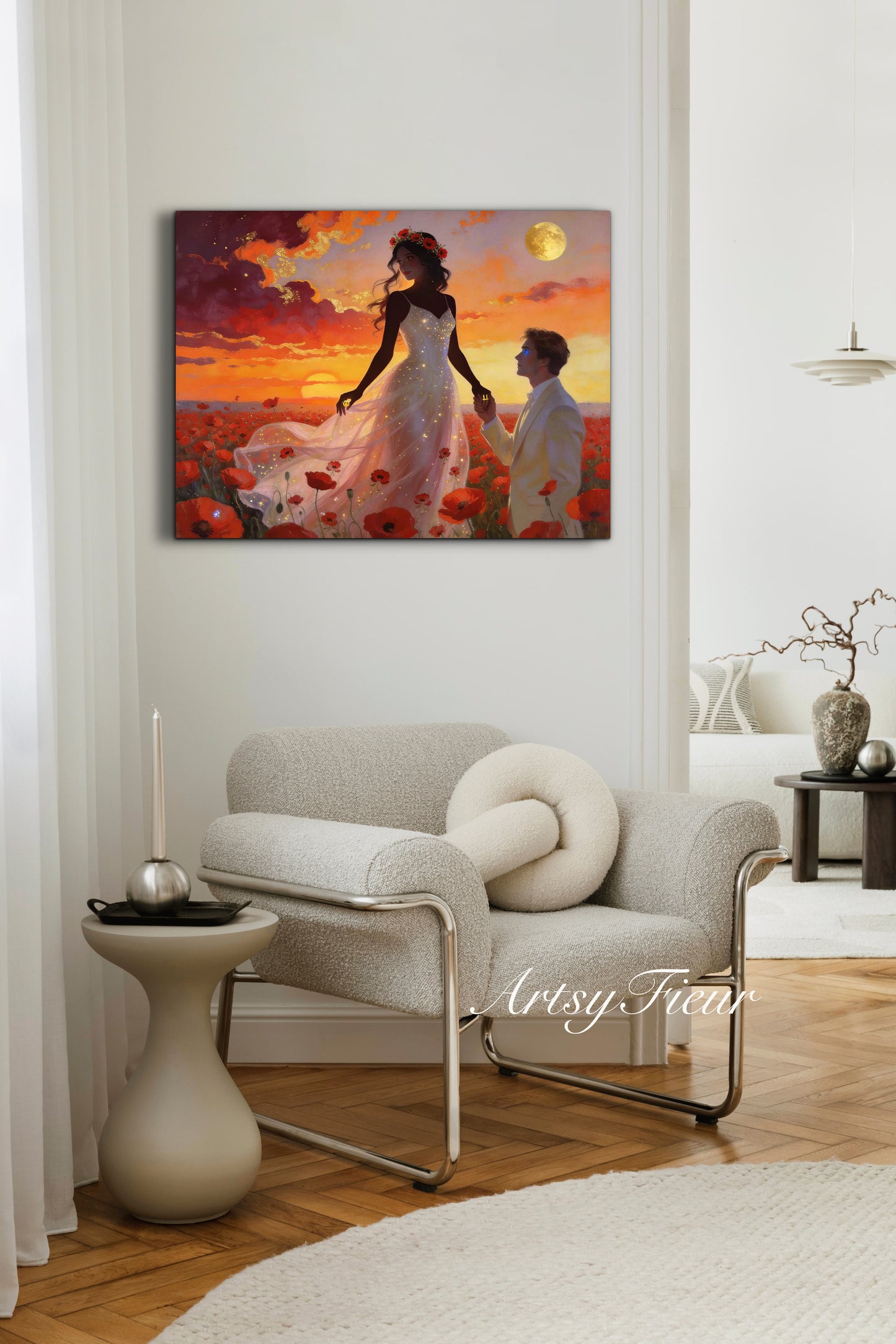 Framed canvas- whimsical full moon sunset bride and groom, wedding, poppy field, vibrant colours living room original artwork, fantasy watercolour paintingwall art print