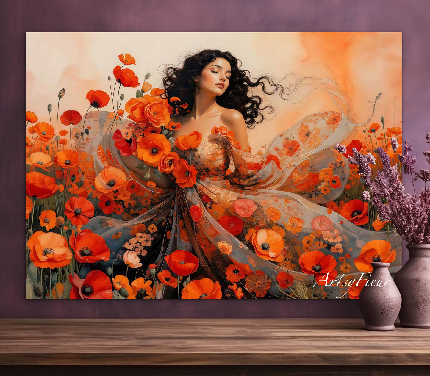 Framed Canvas - Vibrant Poppies Whimsical Full Moon Beautiful Brunette Woman in the Poppy Field, Wall Art Ready to hang Oil Painting Original Artwork Print