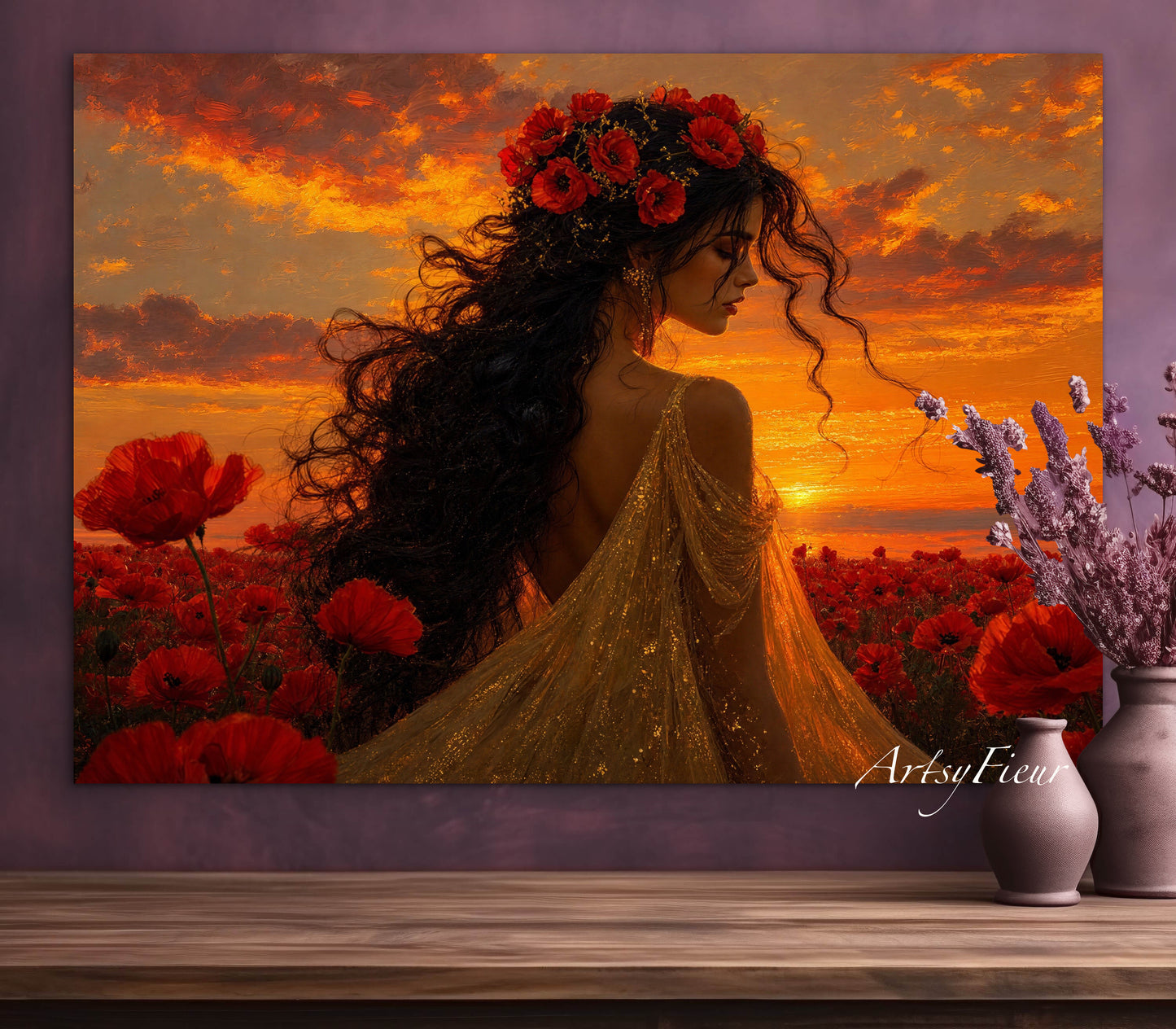 Framed Canvas - Vibrant Poppies Whimsical Full Moon Bride in Poppy Field, Wall Art Ready to hang Oil Painting Original Artwork Print