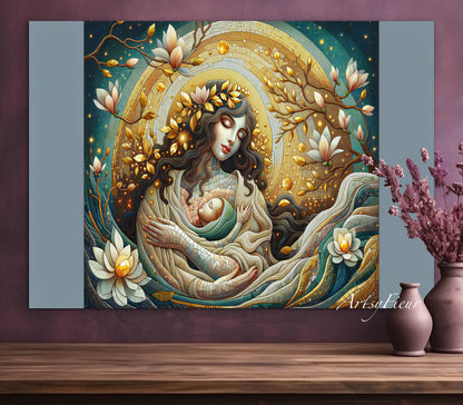 Framed Canvas- Vibrant Magnolia Flowers Mother and Daughter Portrait Original ArtworkFantasy Wall Art