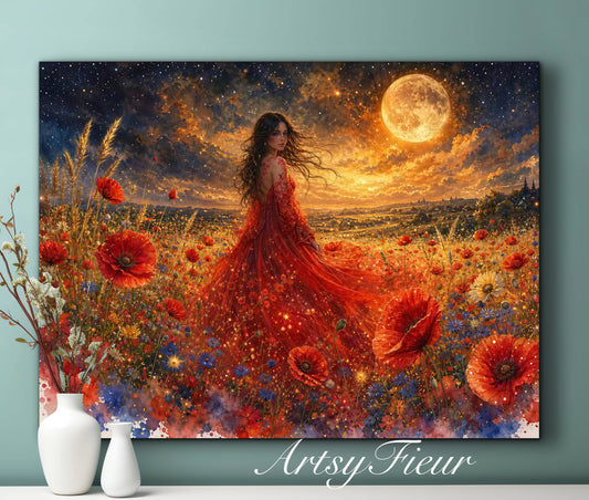 Framed Canvas - Vibrant poppies and wildflowers Whimsical Full Moon starry night sky Bride in Poppy Field, Wall Art Ready to hang original Artwork Print Red Dress
