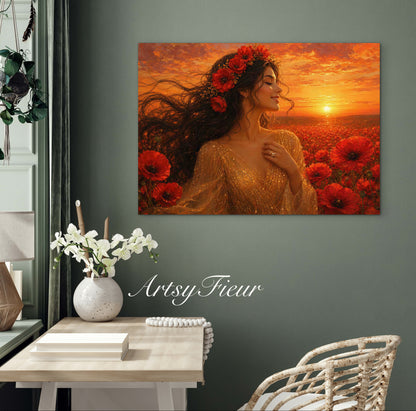 Framed Canvas - Vibrant Poppies Whimsical Full Moon Bride in Poppy Field, Wall Art Ready to hang Oil Painting Original Artwork Print