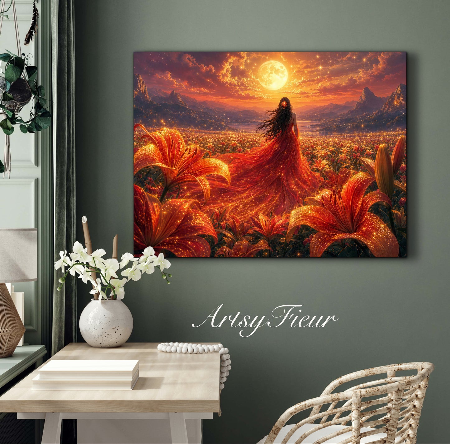 Framed Canvas - Vibrant Lilies Whimsical Full Moon Bride in Poppy Field, Wall Art Ready to hang Oil Painting Original Artwork Print Red Wedding Dress