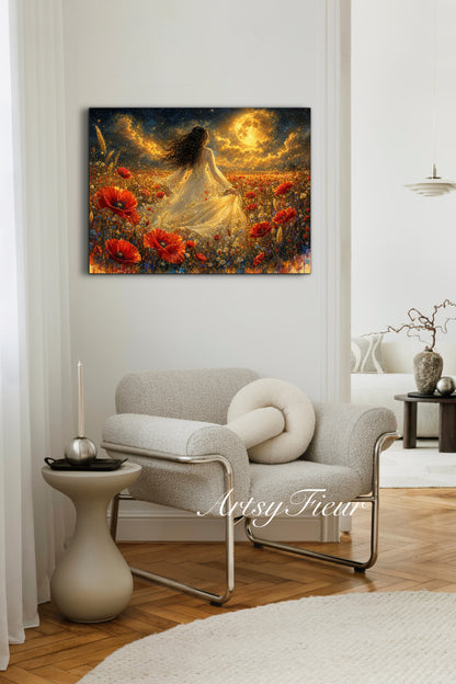 Framed Canvas - Vibrant poppies and wildflowers Whimsical Full Moon starry night sky Bride in Poppy Field, Wall Art Ready to hang original Artwork Print