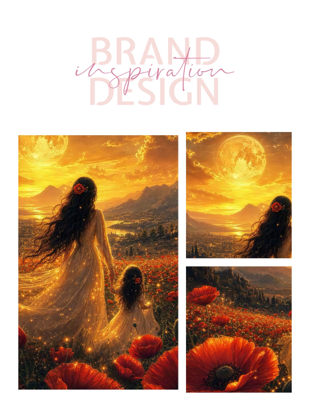 Framed Canvas- Vibrant Poppies Field Bride Mother and Daughter Portrait Whimsical Full Moon Sunset Fantasy Oil Painting Wall Art Print
