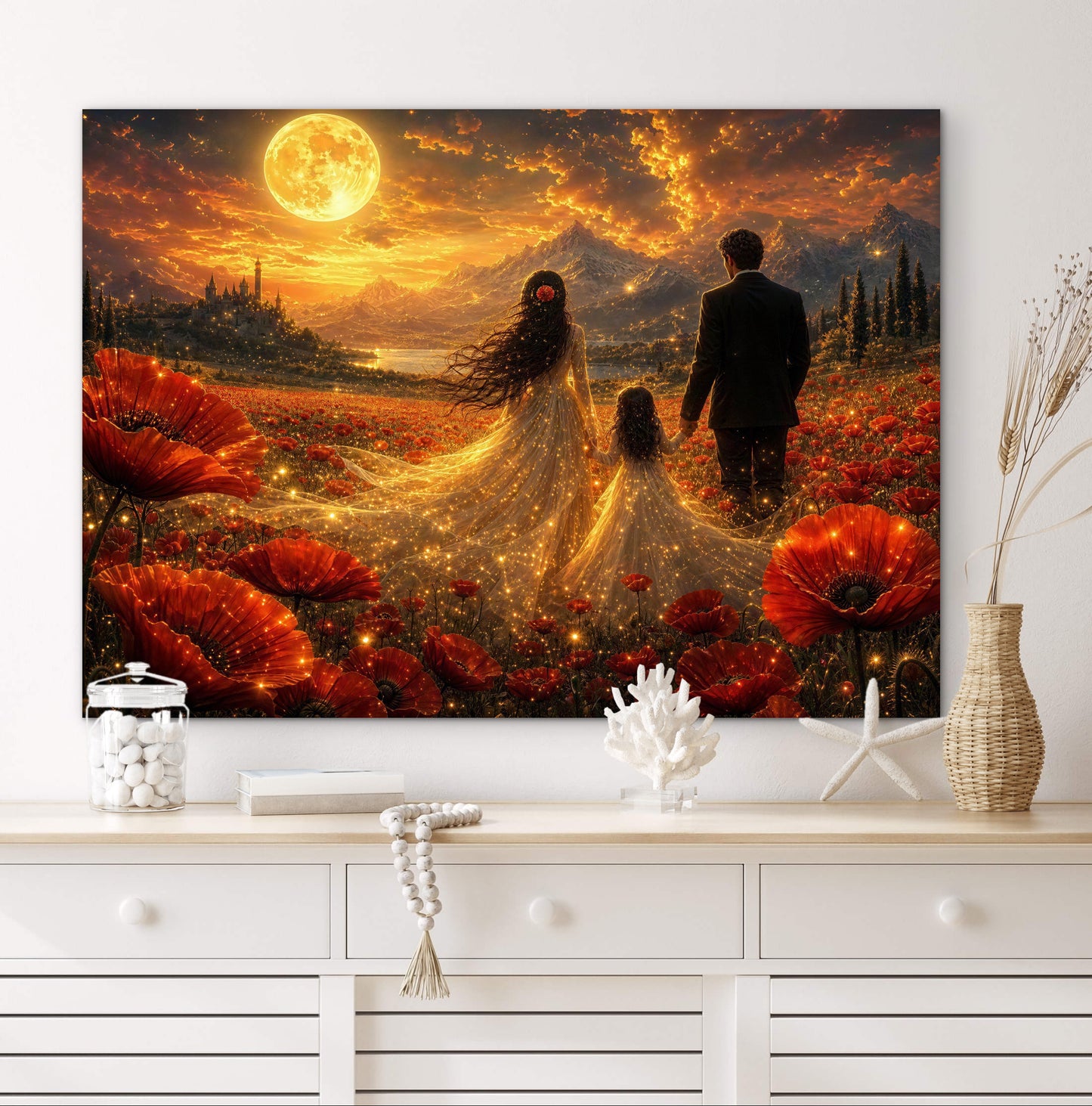 Framed Canvas Vibrant Poppies- Whimsical full moon fantasy oil painting Wedding celebration mother and daughter beautiful family portrait Original wall art print