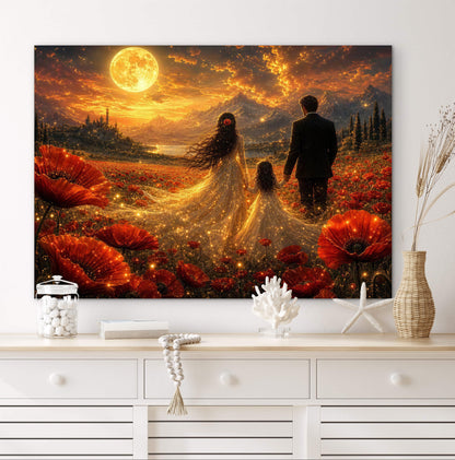 Framed Canvas Vibrant Poppies- Whimsical full moon fantasy oil painting Wedding celebration mother and daughter beautiful family portrait Original wall art print