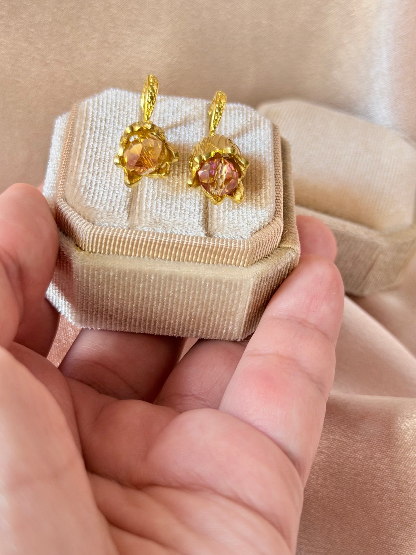 Flower Dangle Earrings Gold Tulip Crystal Handmade Statement Floral Earrings 18k Gold Plated Hypoallergenic