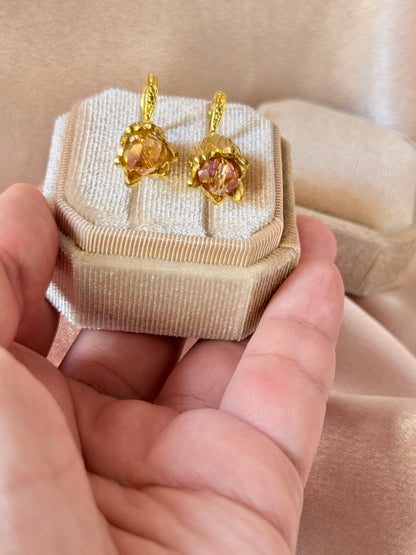 Flower Dangle Earrings Gold Tulip Crystal Handmade Statement Floral Earrings 18k Gold Plated Hypoallergenic
