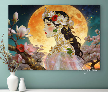 Framed Canvas- Vibrant Magnolia Flowers Beautiful Brunette Woman’s Abstract Portrait Mosaic Original Artwork Fantasy Wall Art Print Mother Nature