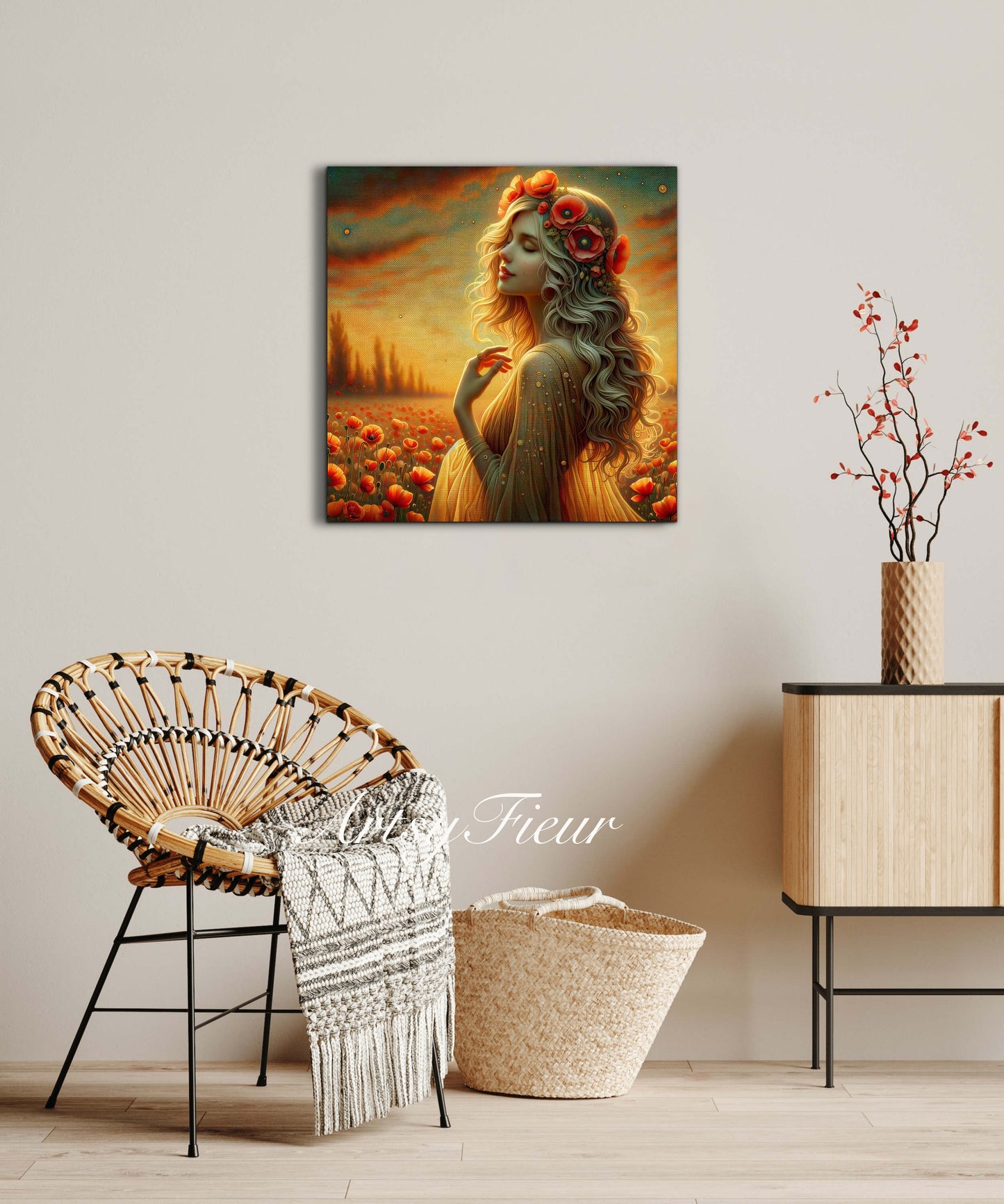 Framed canvas- Original Artwork Vibrant Poppies watercolour floral painting beautiful blondewoman ready to hang wall art print, abstract portrait colourful painting for living room