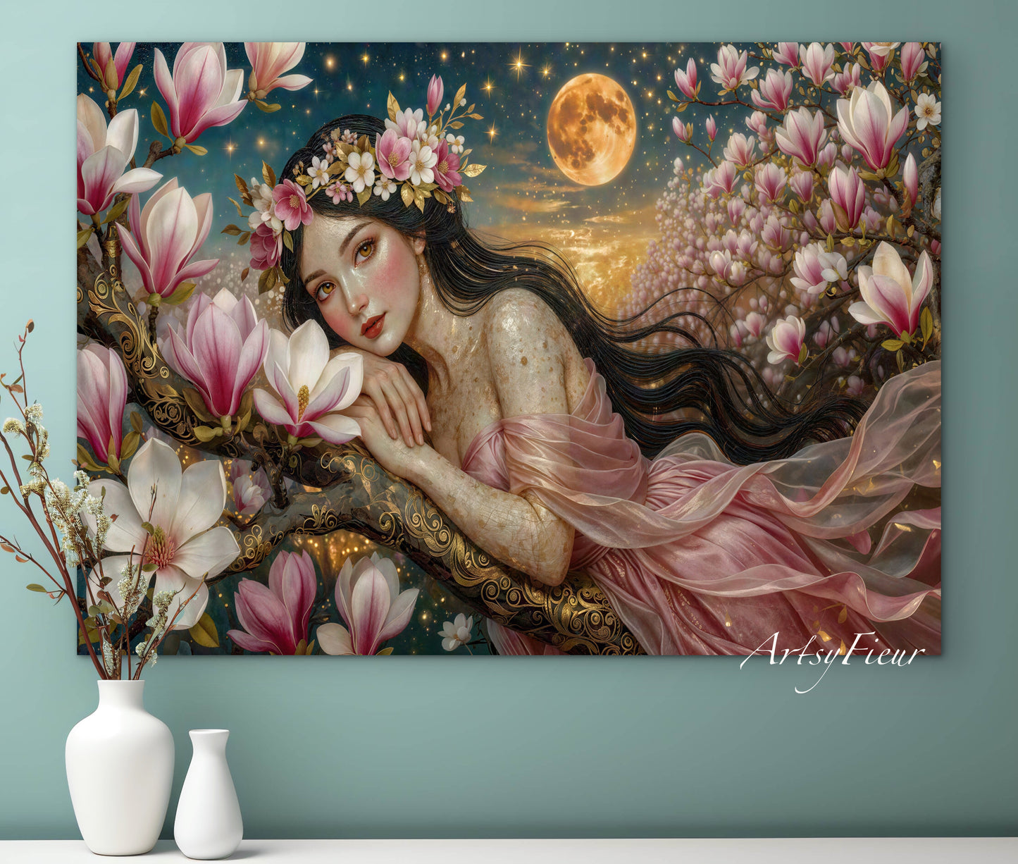 Framed Canvas- Vibrant Magnolia Flowers Beautiful Brunette Woman’s Abstract Portrait Mosaic Original Artwork Fantasy Wall Art Print