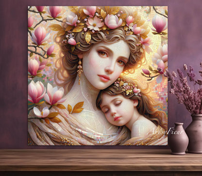 Framed canvas- ready to hang wall art print, abstract mother and daughter portrait Mosaic