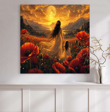 Framed Canvas- Vibrant Poppies Field Bride Mother and Daughter Portrait Whimsical Full Moon Sunset Fantasy Oil Painting Wall Art Print