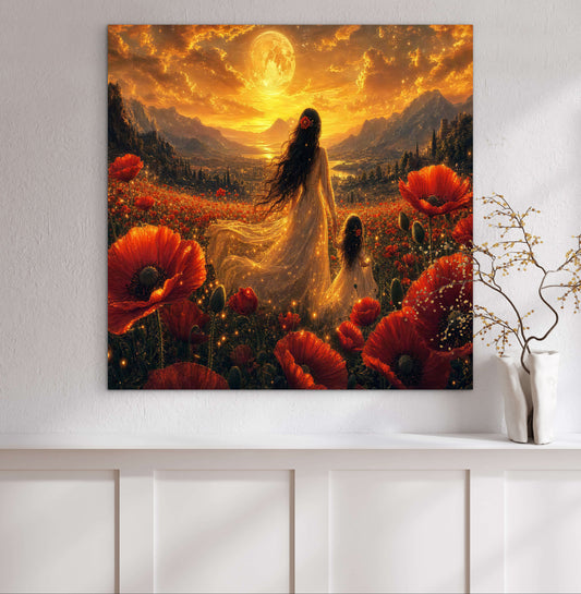 Framed Canvas- Vibrant Poppies Field Bride Mother and Daughter Portrait Whimsical Full Moon Sunset Fantasy Oil Painting Wall Art Print