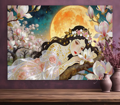 Framed Canvas- Vibrant Magnolia Flowers Beautiful Brunette Woman’s Abstract Portrait Mosaic Original Artwork Fantasy Wall Art Print