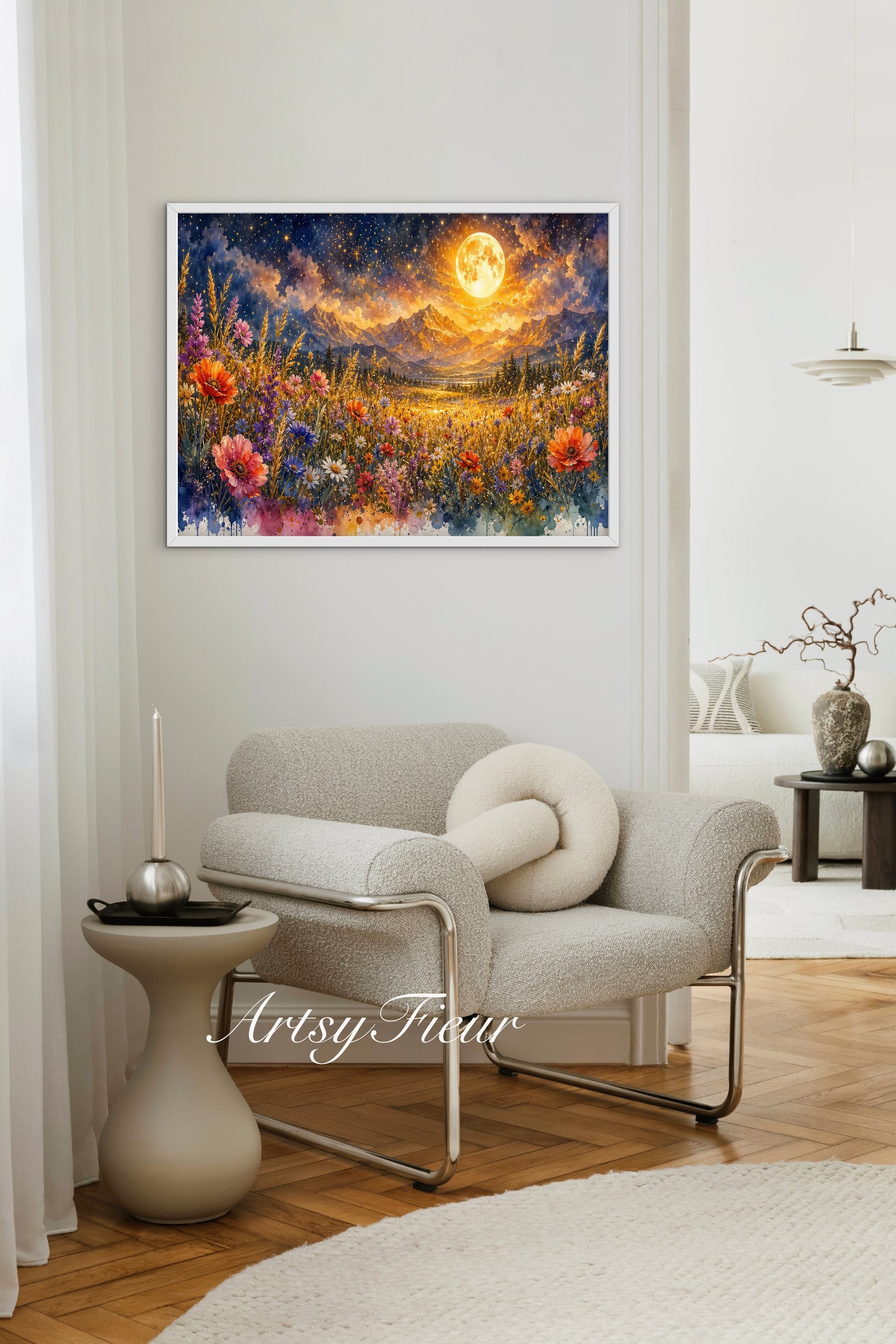 Framed canvas- vibrant full moon starry night sky colourful wildflowers floral wall art living room